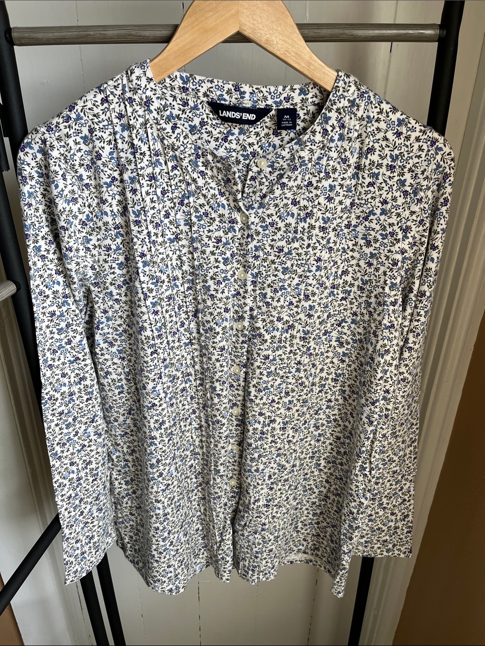 Lands' End White Shirt Blue & Purple Floral Print